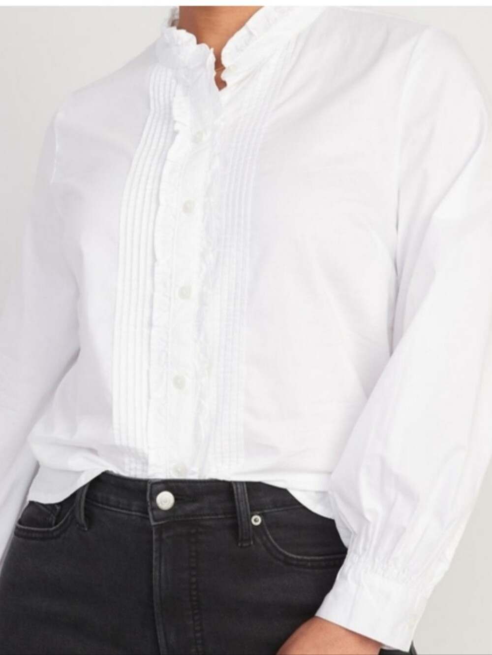 Old Navy Ruffle-Trimmed Pintucked Collarless Tuxedo Shirt for Women